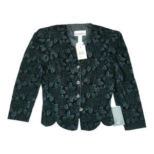 NWT Another Thyme Womens L Black Velvet Jacket‎ Floral Embellished Button Blazer